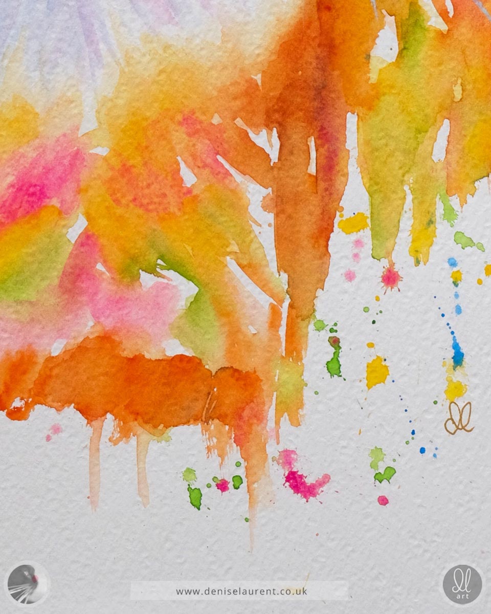 Close up of a colorful abstract watercolor painting of a ginger cat, with splashes of orange, pink, yellow, and green on  textured watercolour paper, showing the brush strokes and the artists signature.