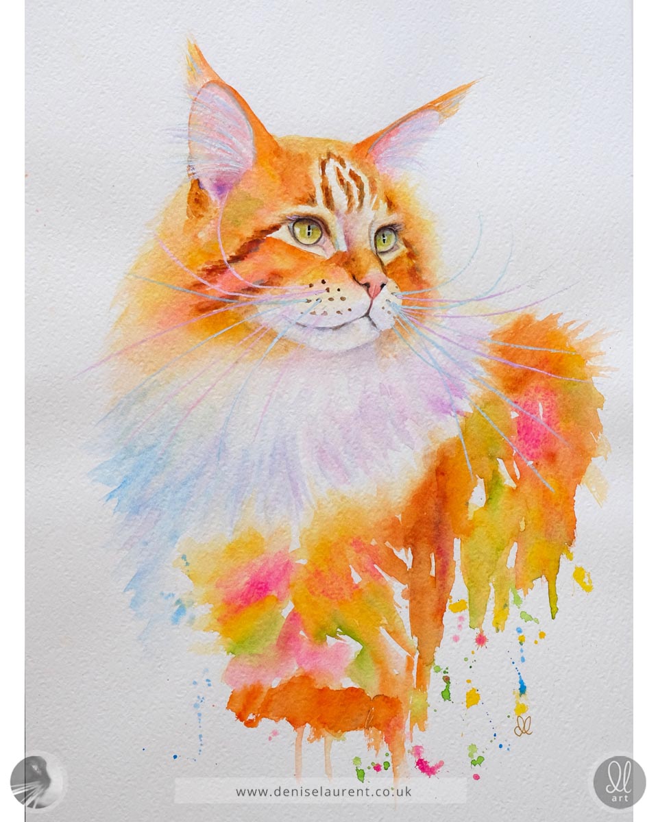 Colorful watercolor painting of a ginger and white maine coon cat on a white background