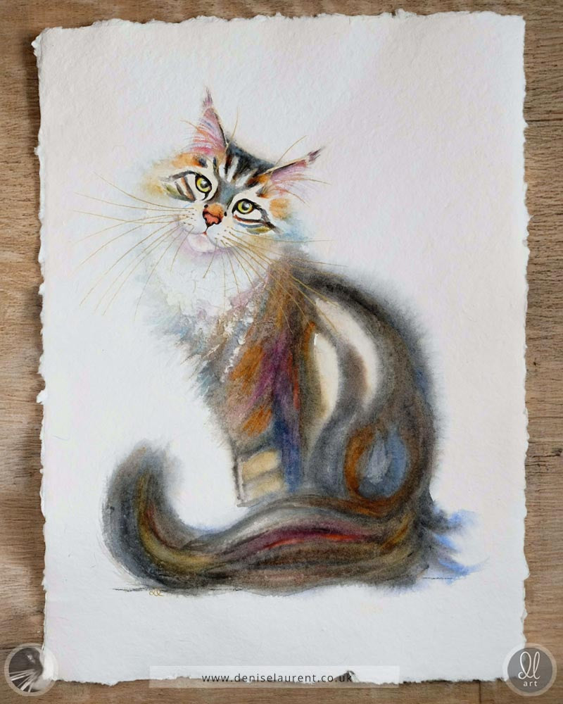 Original tabby cat watercolour painting on handmade paper with 4 deckle edges. Her whiskers are painted in gold and her ruff is sculpted from the paper.