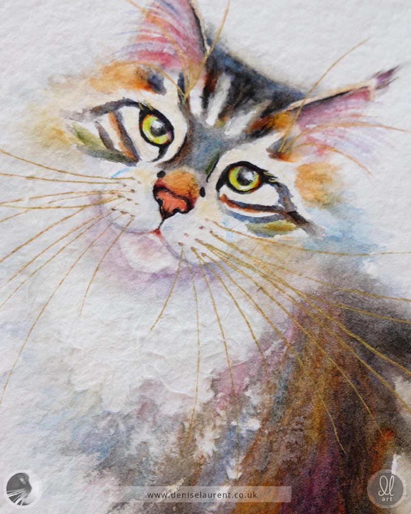 Original tabby cat watercolour painting on handmade paper with 4 deckle edges. Her whiskers are painted in gold and her ruff is sculpted from the paper.