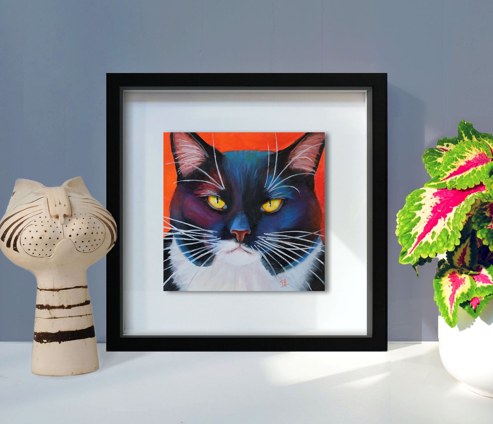 Tuxedo Cat 6x6" Framed Oil Painting