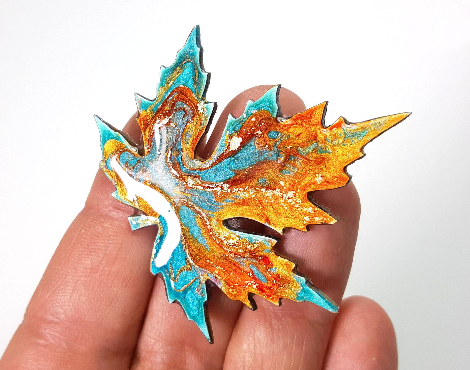 unique blue and orange silver maple leaf brooch