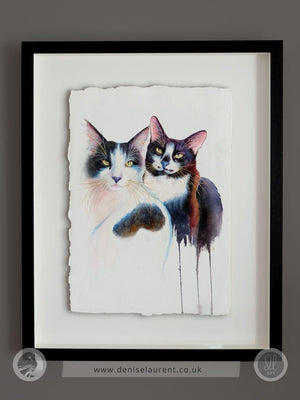 Framed artwork of two cats, Toots & Evie, on handmade watercolour paper, framed in a shadowbox frame so that the paper 'floats' in the frame.