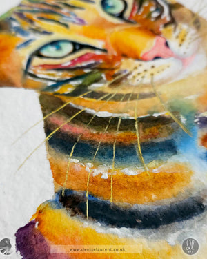 closeup of a watercolour of an oriental tabby on handmade paper