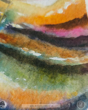 closeup of a watercolour of an oriental tabby on handmade paper