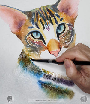 showing the painting of a tabby cat in progress with the paint merging into the wet paper and the artists hand holding a brush