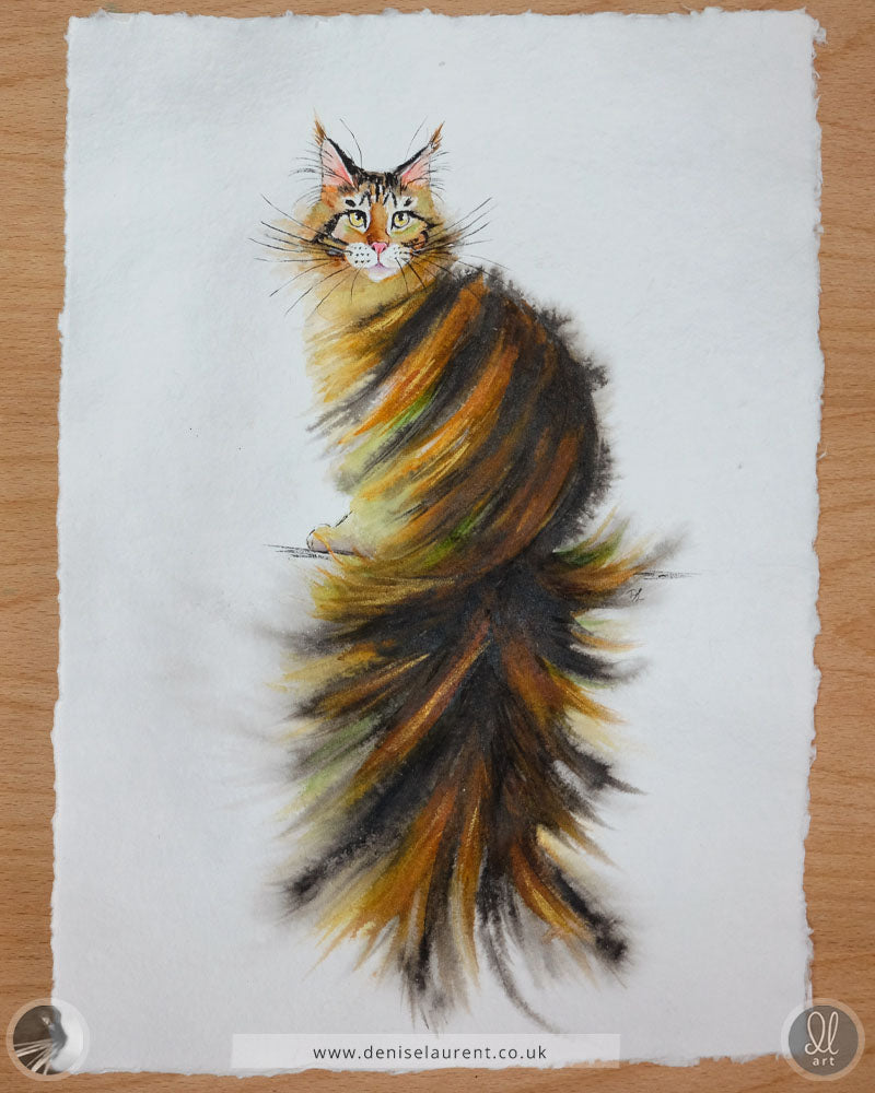 A tortie long haired cat painted in watercolour on handmade paper with 4 deckle edges.