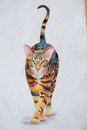 a watercolour painting of an oriental cat walking towards us with his tail raised in greeting.