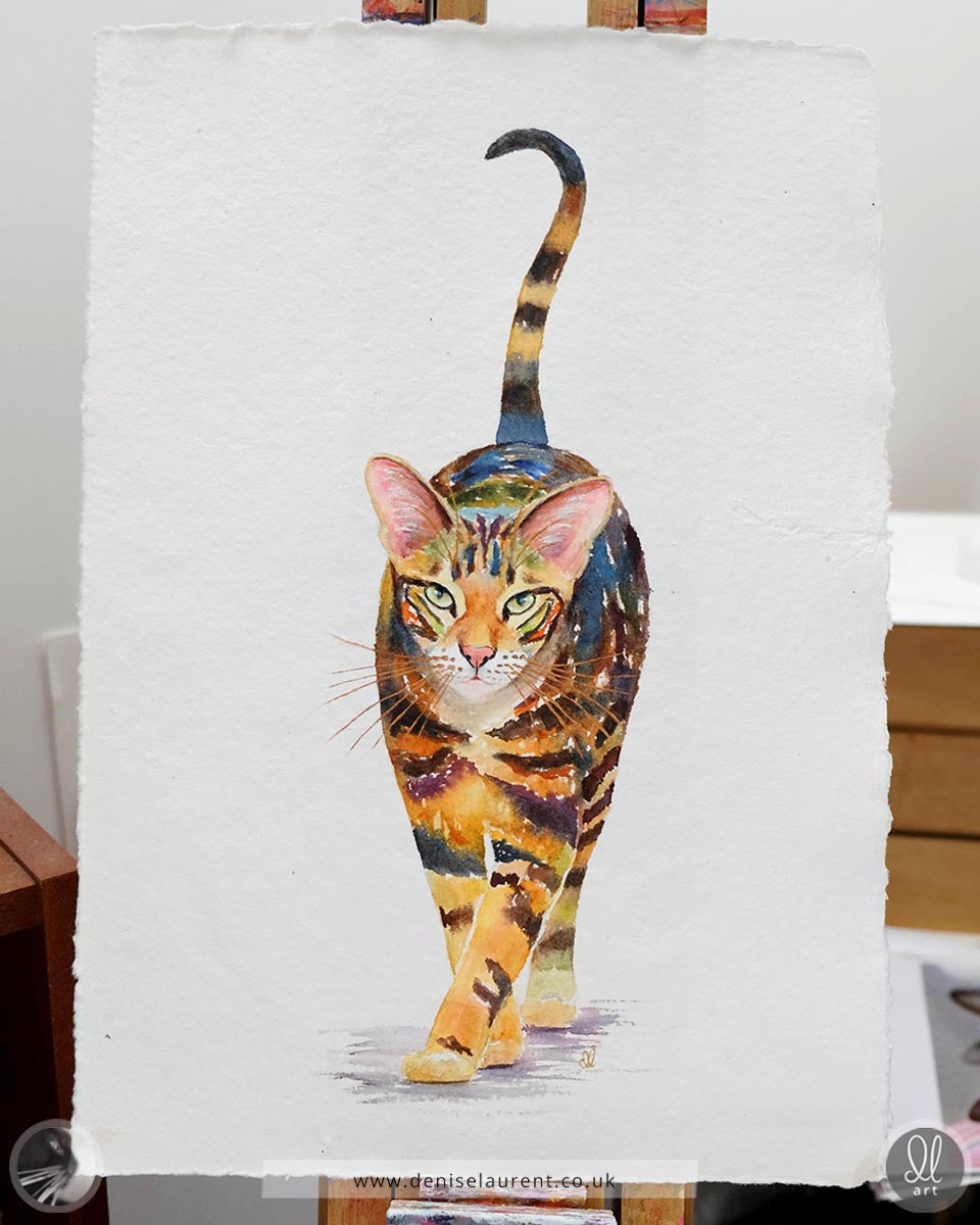 watercolour painting of an oriental cat walking towards us with his tail raised in greeting. The paper is handmade with 4 deckle edges and the cat has copper whiskers.