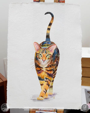 watercolour painting of an oriental cat walking towards us with his tail raised in greeting. The paper is handmade with 4 deckle edges and the cat has copper whiskers.