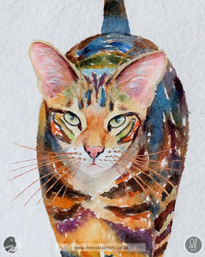 close up of a watercolour painting of an oriental cat walking towards us with his tail raised.