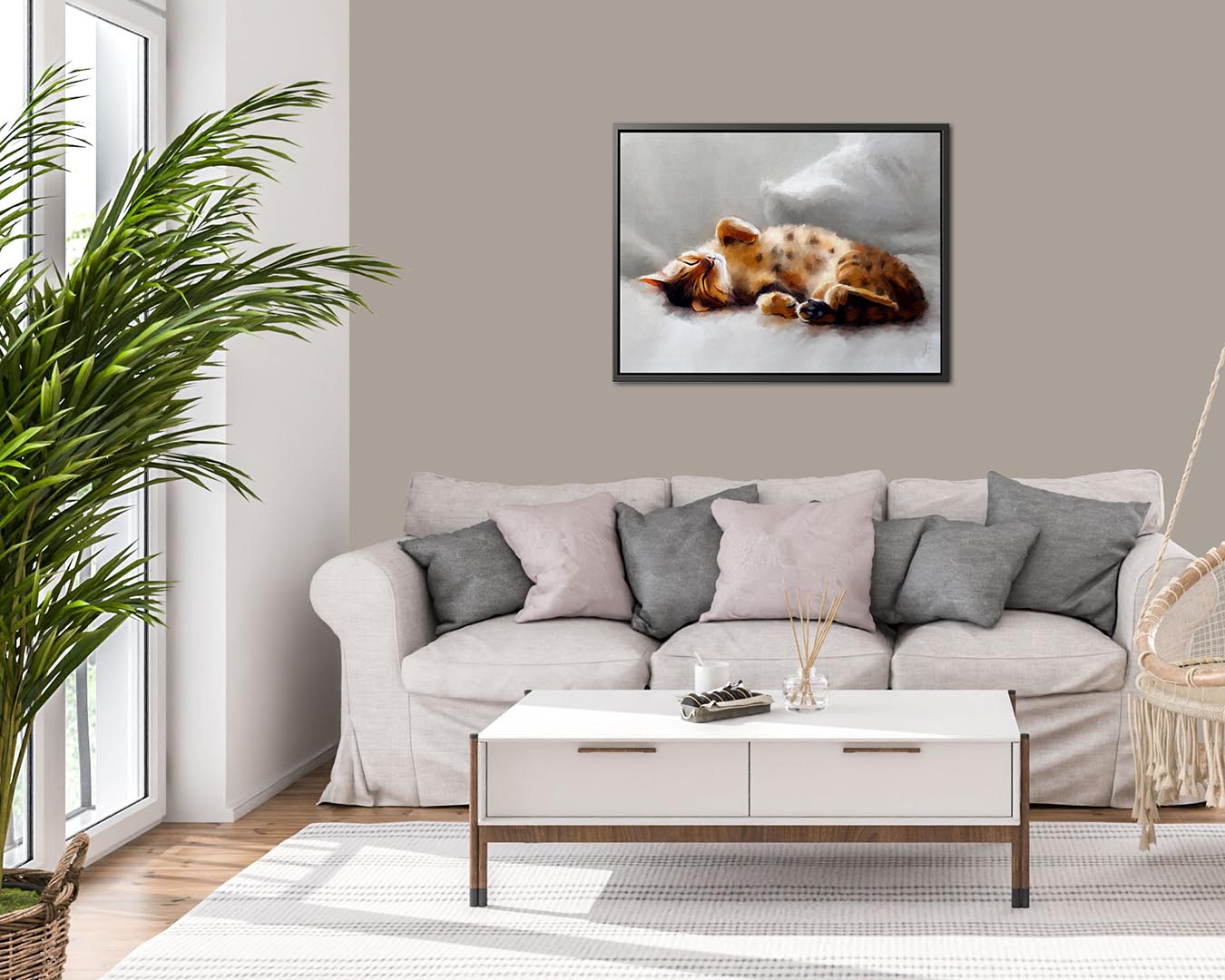 A Bengal cat sleeping peacefully, all curled up on a sofa - Framed Canvas Print.