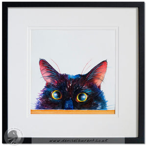 Ambush! Black Cat 8x8" Framed Cat Painting
