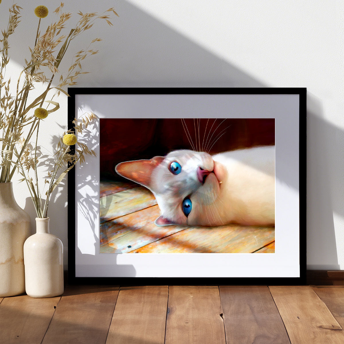 siamese cat lying on the floor art print