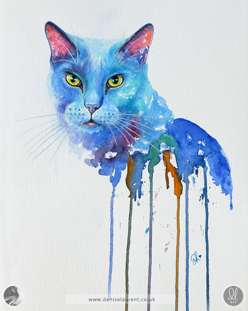 Colorful watercolor painting of a blue cat on a white background