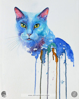 Colorful watercolor painting of a blue cat on a white background