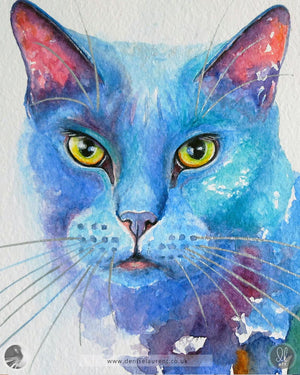 Colorful watercolor painting of a cat's face with blue fur and yellow eyes.