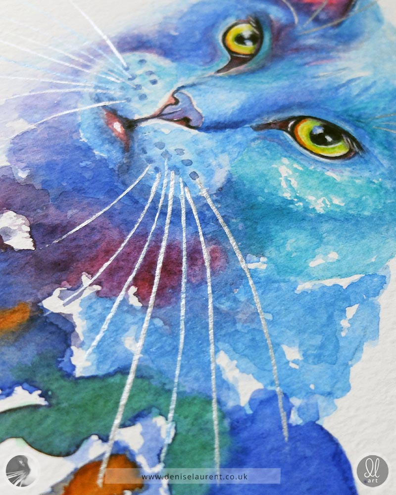 Artistic depiction of a blue cat with vibrant colors and silver whiskers