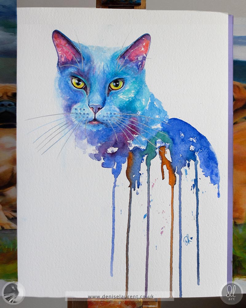 Colorful watercolor painting of a blue cat on a white background