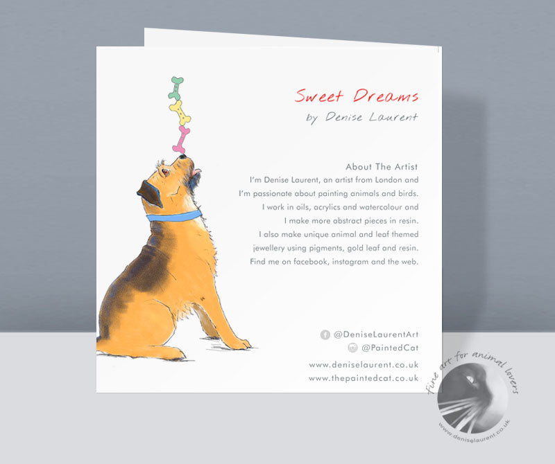 A cute illustration of a border terrier dog curled up asleep with his tongue sticking out on a square greetings card.