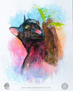 Catch! Black Cat Watercolour Painting