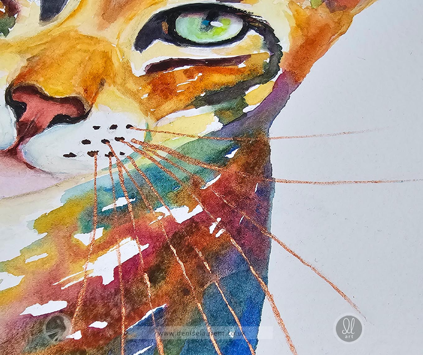 colourful watercolour painting of a brown tabby oriental cat