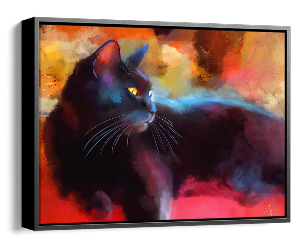 Day Dreamer - Framed Canvas Print - a colourful black cat sitting on red cushions