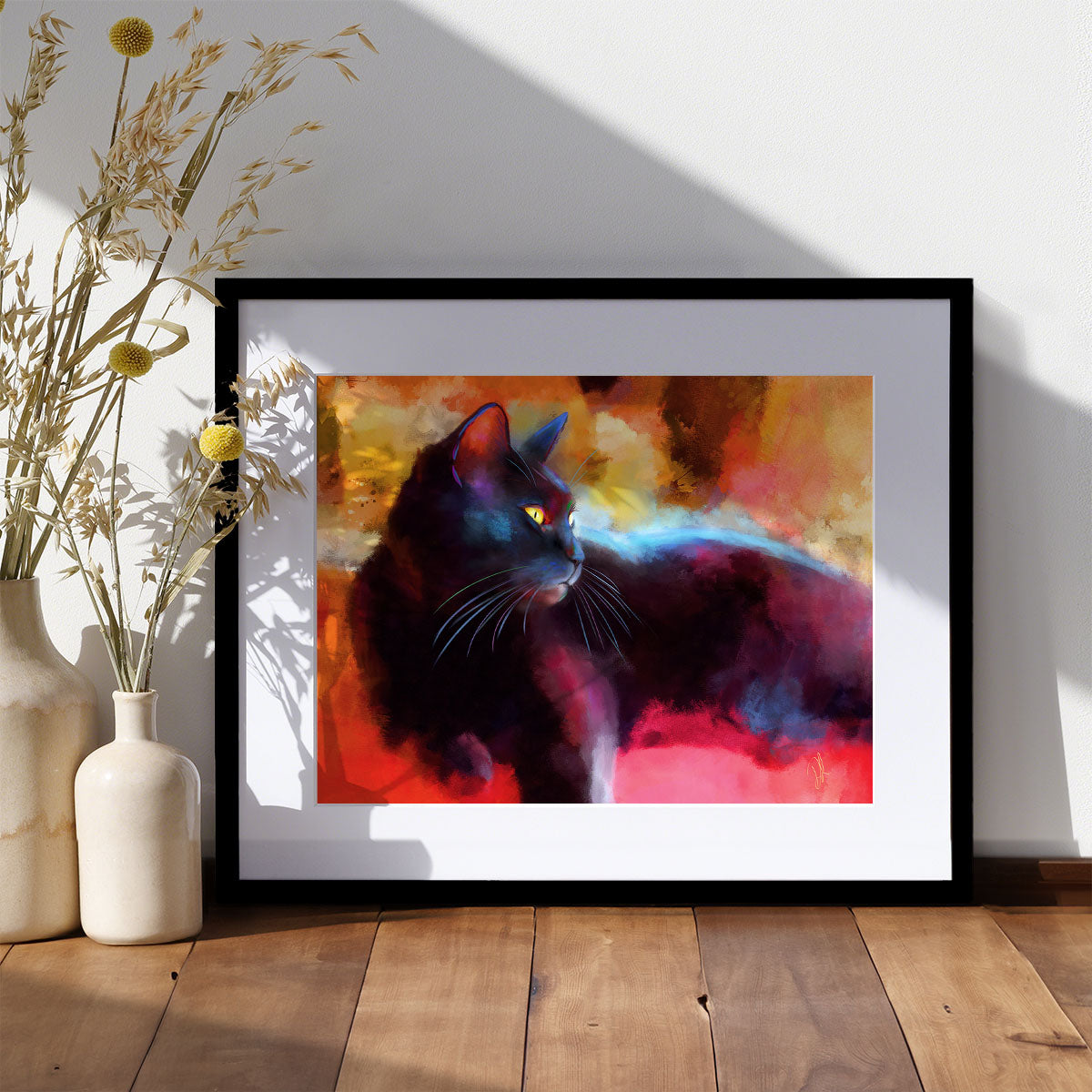 'Day Dreamer - Black Cat Wall Art' featuring a striking black cat against a vibrant background, perfect for black cat lovers.
