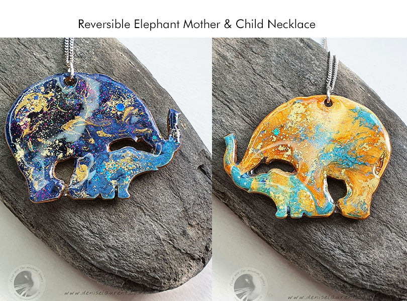 handcrafted mother and child elephant necklace. Its double sided, blues on one side and golds on the other. A wonderful gift for a mum.