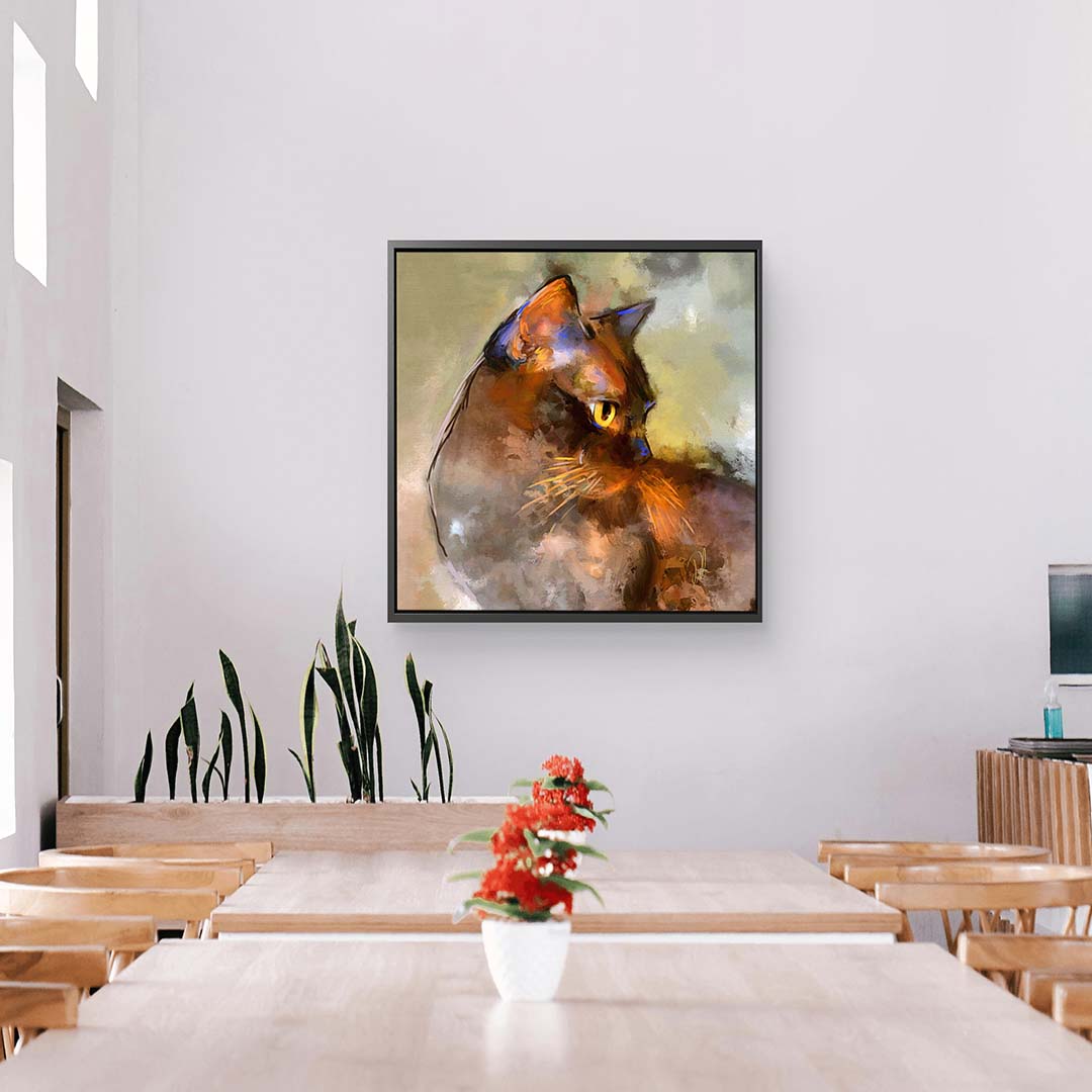 Semi-abstract, contemporary Burmese cat wall art by Denise Laurent of The Painted Cat. She is a brown cat with yellow eyes and a warm green background.
