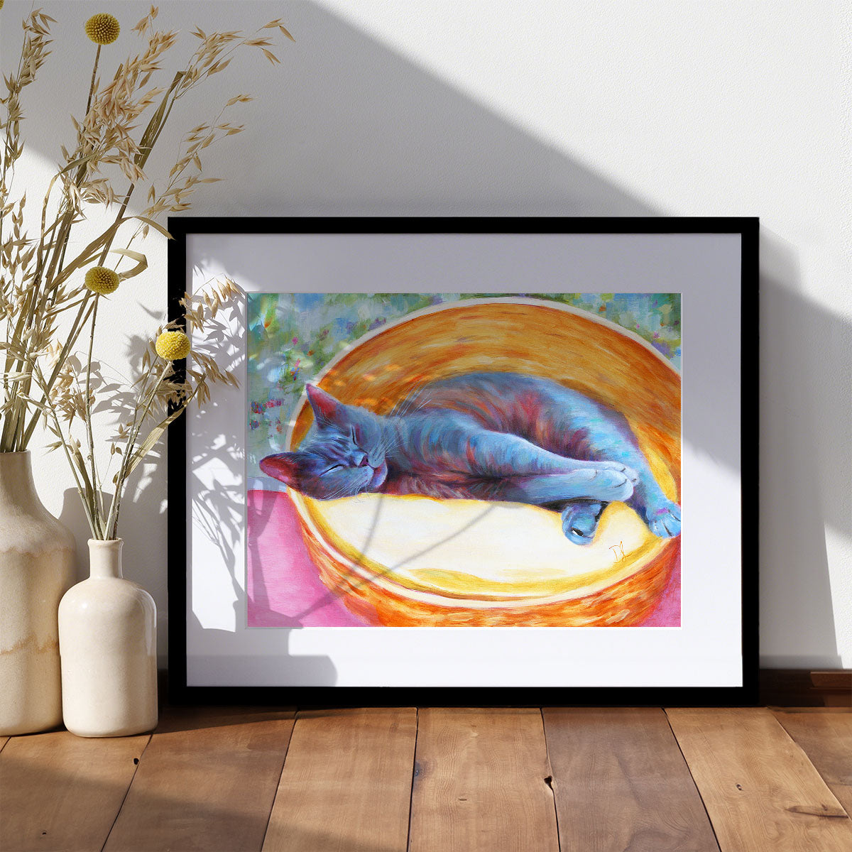 art print of a blue cat fast asleep
