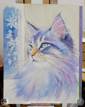 First Snow - Winter Cat Watercolour