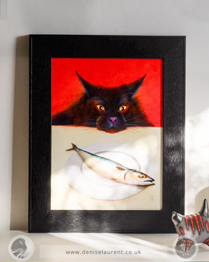 Fish For Lunch - Framed Black Cat Painting