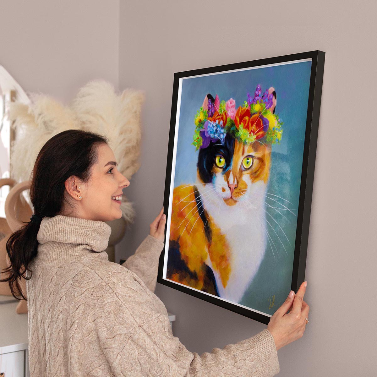 Flower Cat - Framed Canvas Print featuring a beautiful calico cat with a floral tiara..
