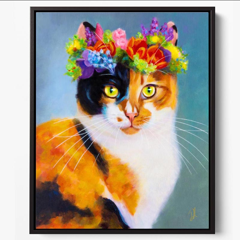 Flower Cat - Framed Canvas Print featuring a beautiful calico cat with a floral tiara..