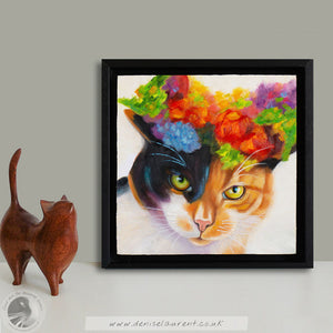 Flower Cat 2 8"x8" Framed Oil Painting