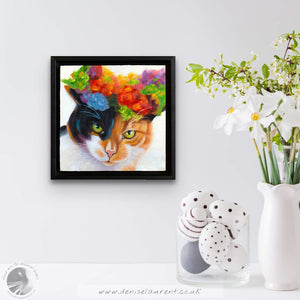Flower Cat 2 8"x8" Framed Oil Painting