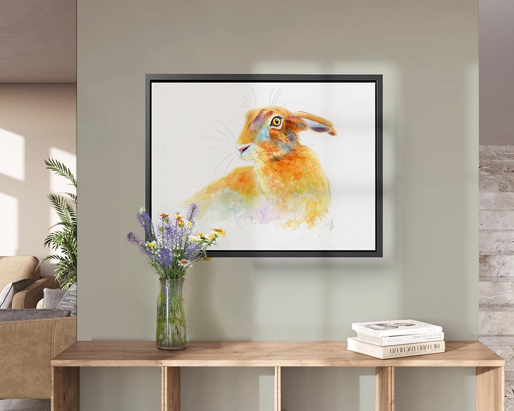 Golden Hare - Framed Canvas Print showcasing a cheerful hare with vibrant golden, lilac, and turquoise hues, ideal for adding character to your home.