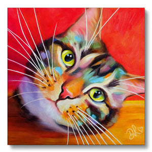 a colourful tabby cat on a red background