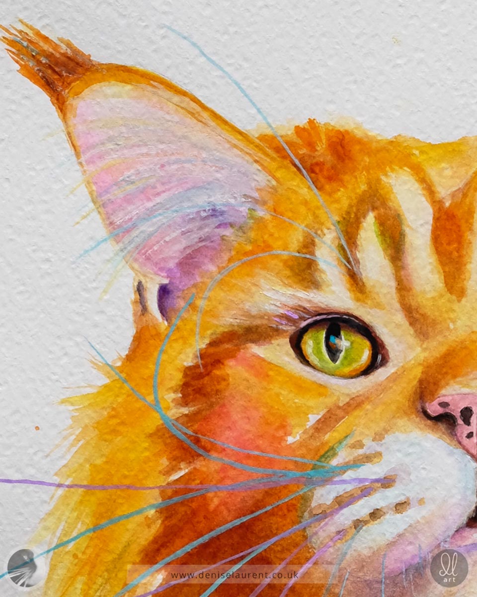Close up of a colorful watercolor painting of a ginger maine coon cat showing his eye, ear and whiskers on textured watercolour paper