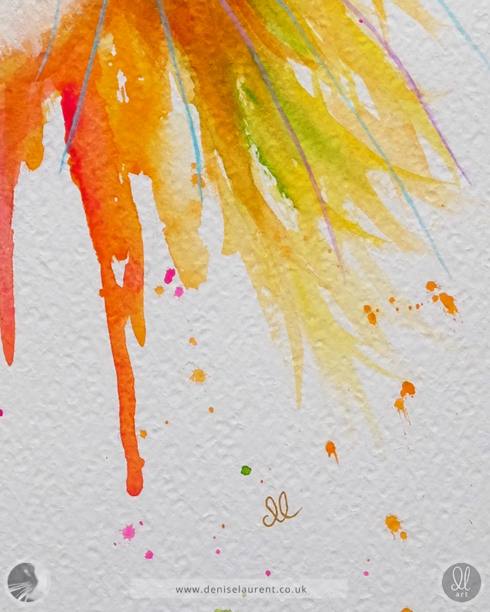 Close up of a colorful watercolor painting showing details of the brush marks and the artists signature on Fabriano watercolour paper