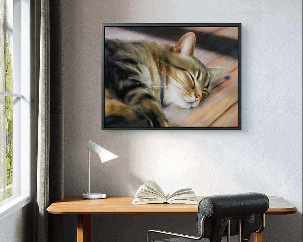 tabby cat wall art, featuring a tabby cat peacefully sleeping in a sunlit spot on the floor.