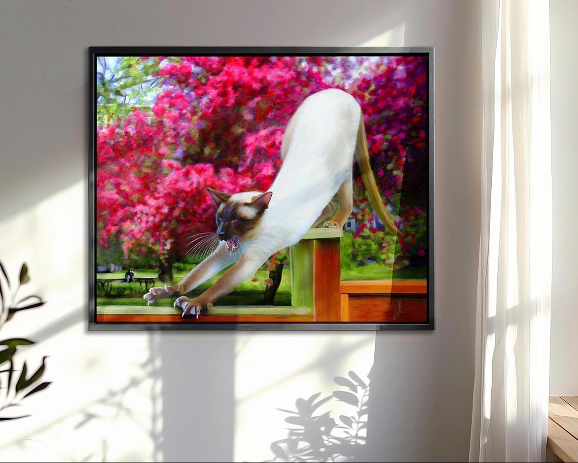 In The Pink - Siamese Cat Framed Canvas Print showcasing a chocolate point Siamese cat stretching and yawning on a fence, surrounded by blooming pink flowers in a lush spring setting.