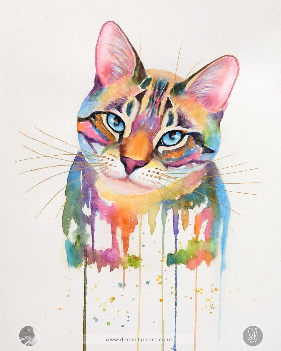 Colorful watercolor painting of a cat's face on a white background
