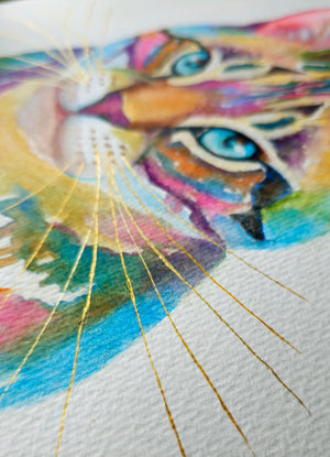 close up of gold whiskers on this cats watercolour painting
