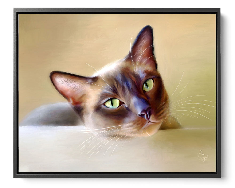A framed canvas print of a brown cat - a Tonkinese cat with striking green eyes, looking over the stairs at us.
