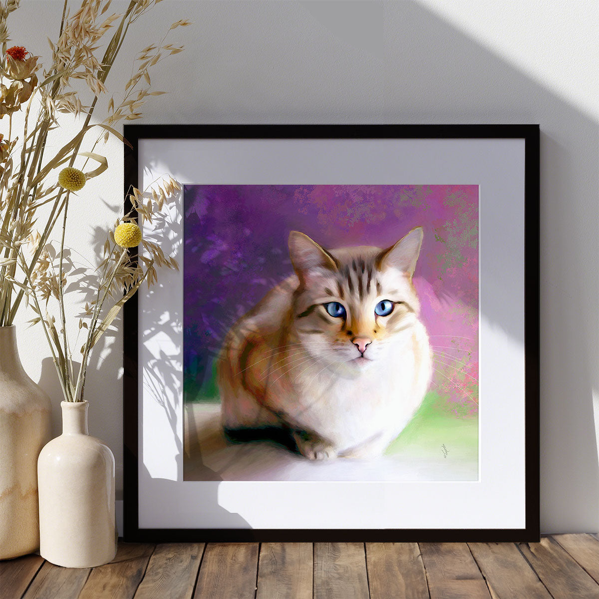 art print of a snow bengal cat with blue eyes