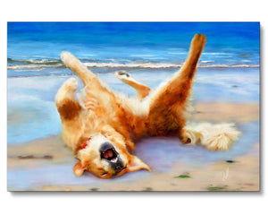 a golden retriever dog rolling in the sand