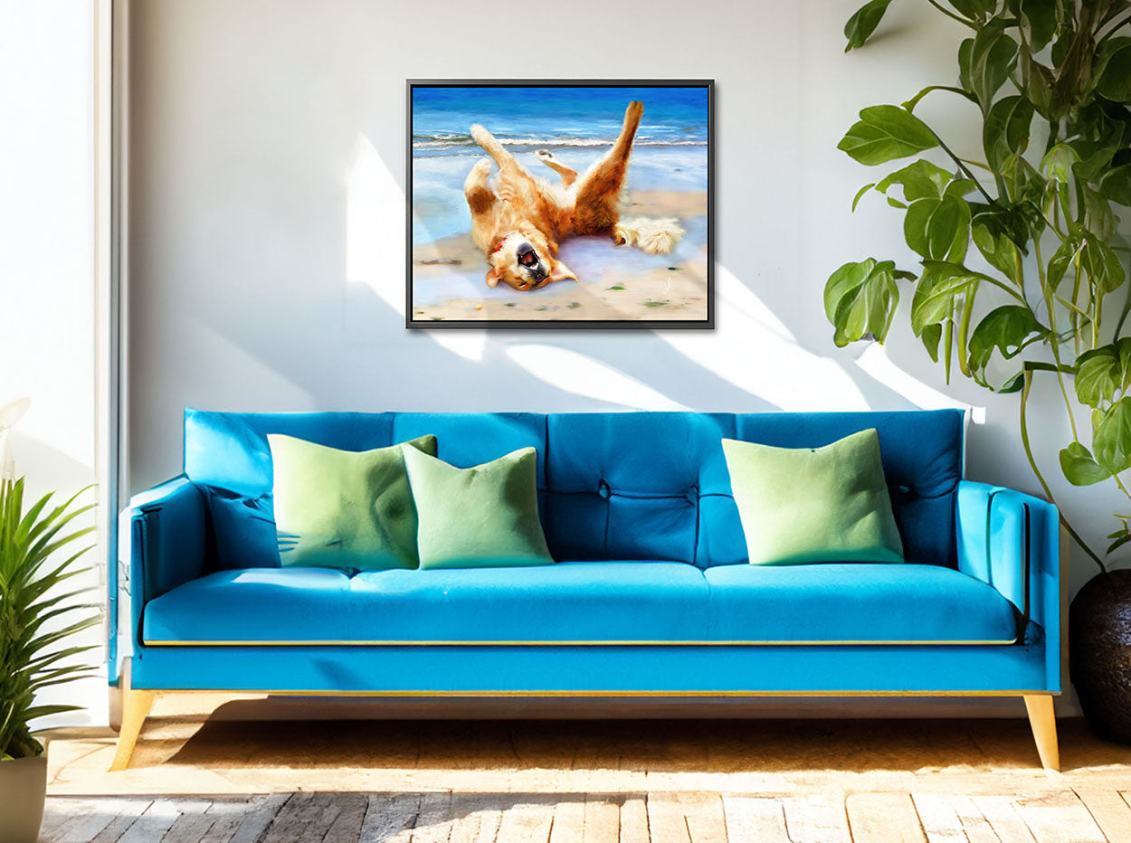 Life's A Beach - Framed Canvas Print. Golden Retriever wall art of Max joyfully playing on the beach.