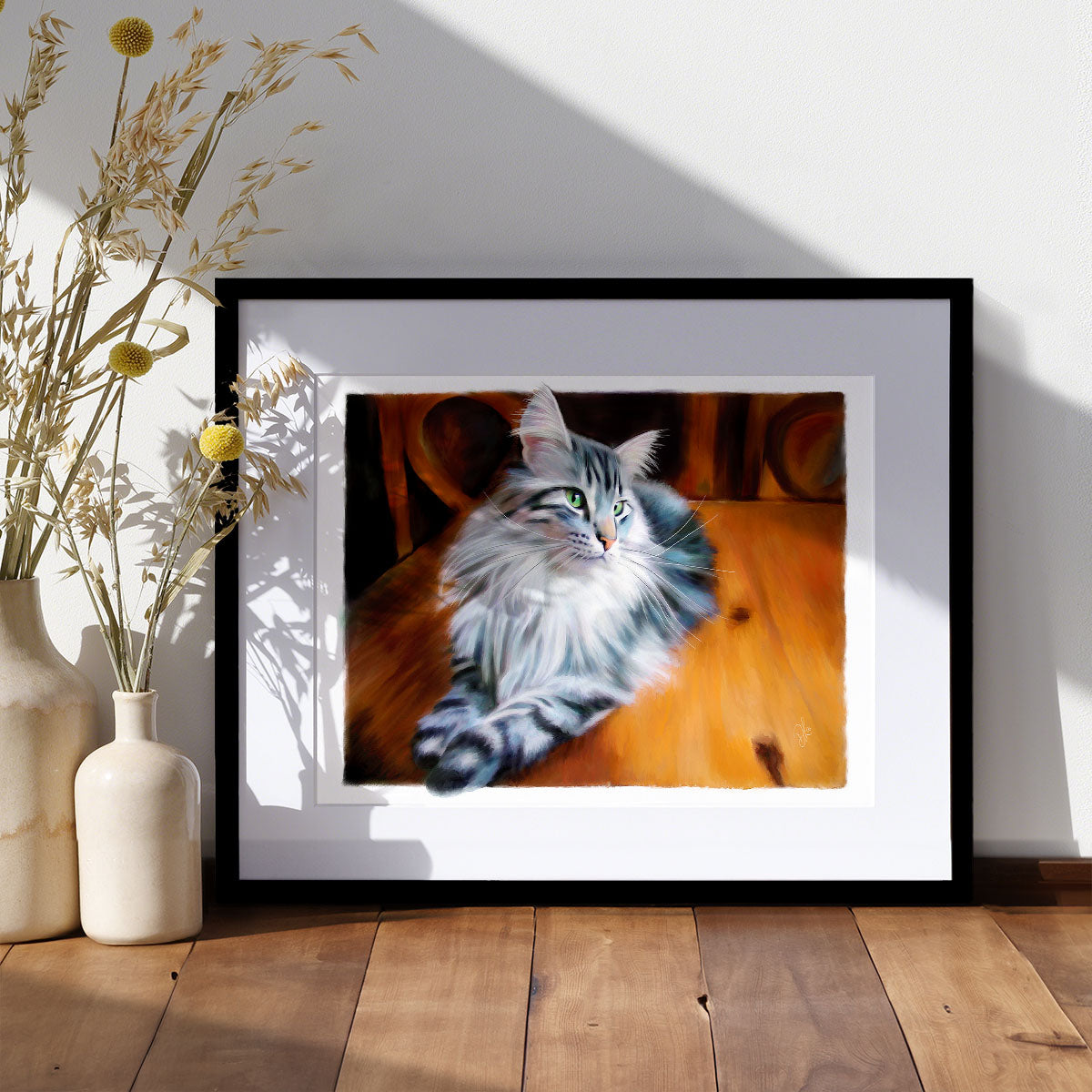 silver maine coon cat on a table art print